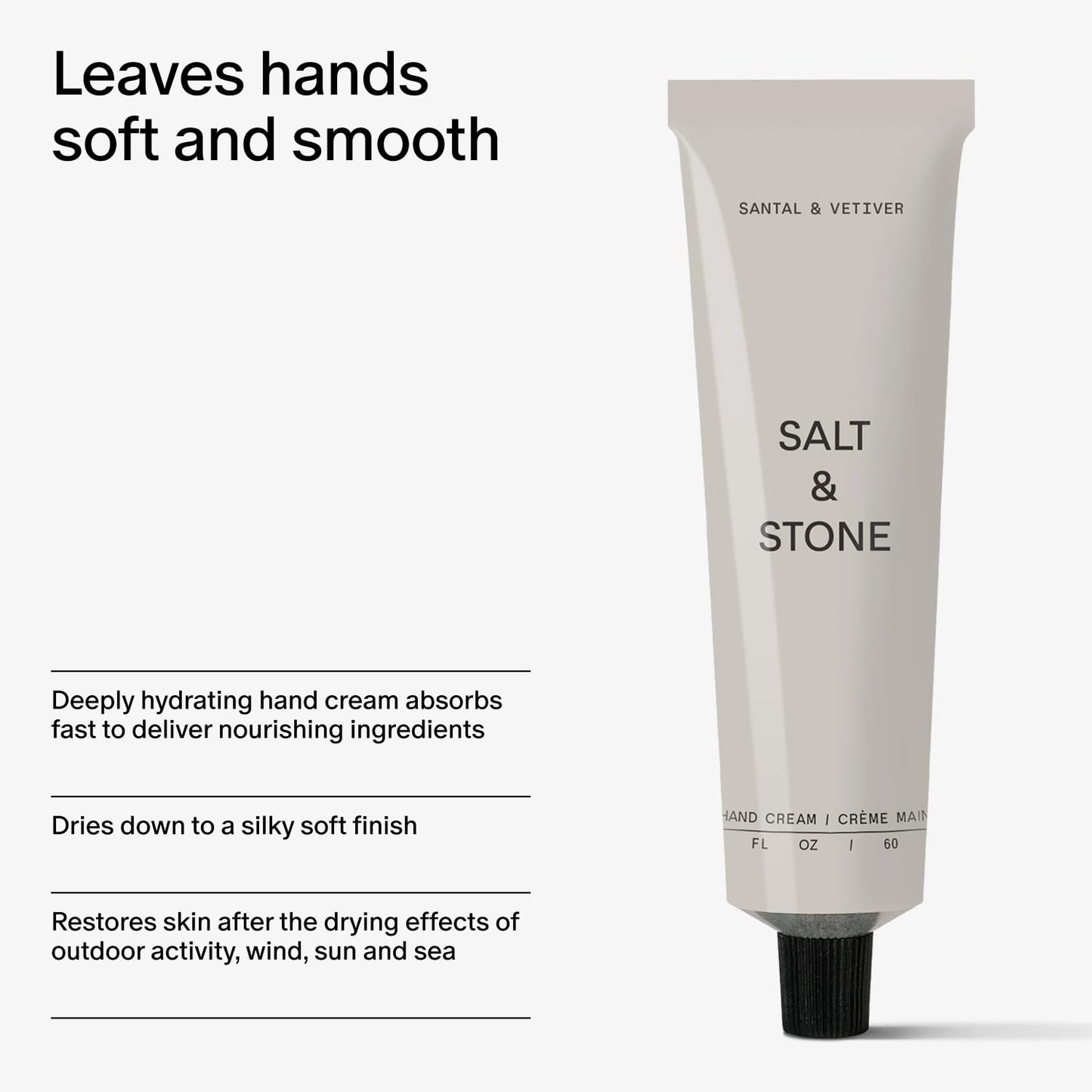 Salt & Stone Hand Cream for Women & Men | Hydrates, Nourishes & Softens Skin | Restores Dry Cracked Hands | Fast-Absorbing | Cruelty-Free & Vegan | Santal & Vetiver 2 fl oz