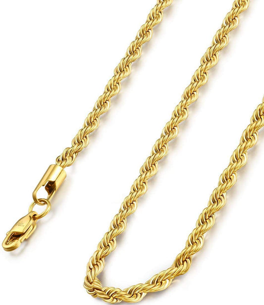 FIBO STEEL 4mm Stainless Steel Rope Chain Necklace for Men 22 inches Silver-tone