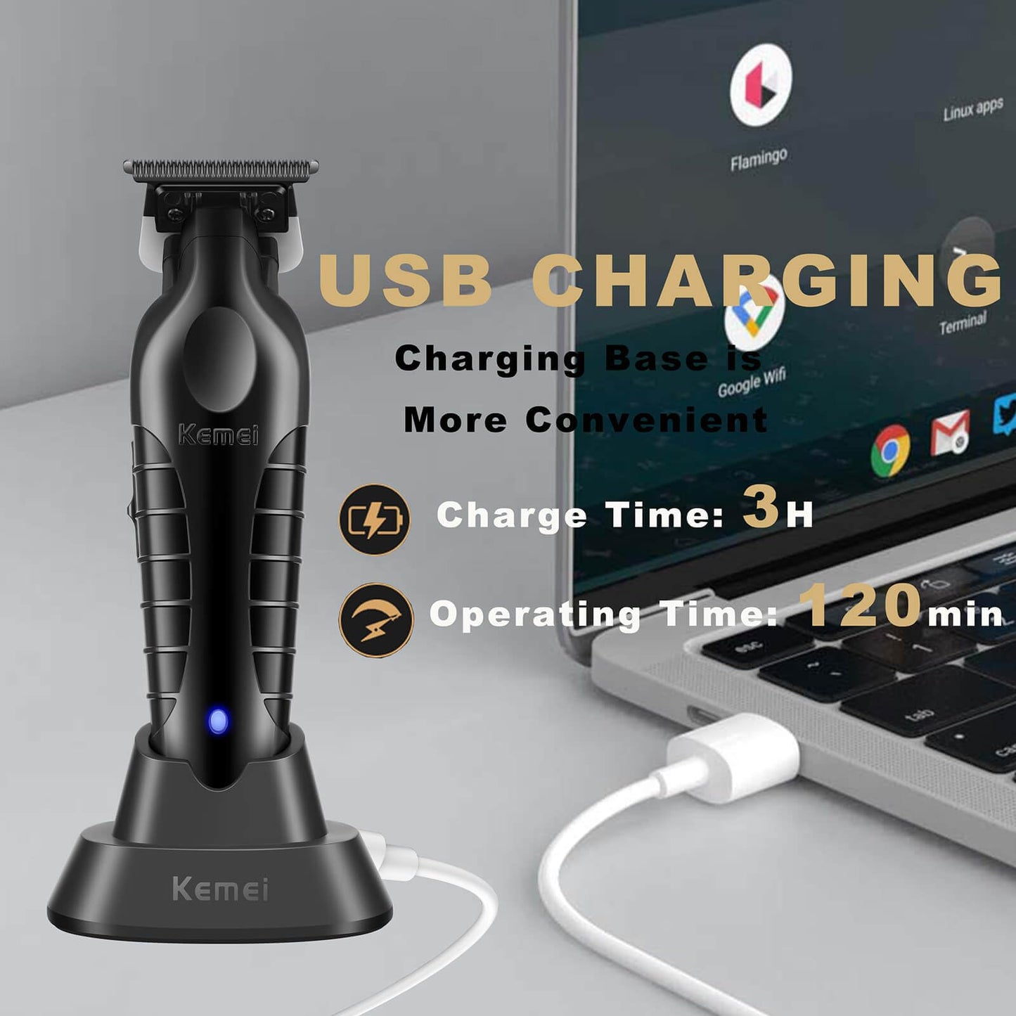 KEMEI PG2299 Hair Trimmer for Men with Charging Dock, Professional Cordless T-Blade Clippers for Edging & Lining, Barber Zero Gap Trimmers, USB Rechargeable Kit with Storage Base (Black)