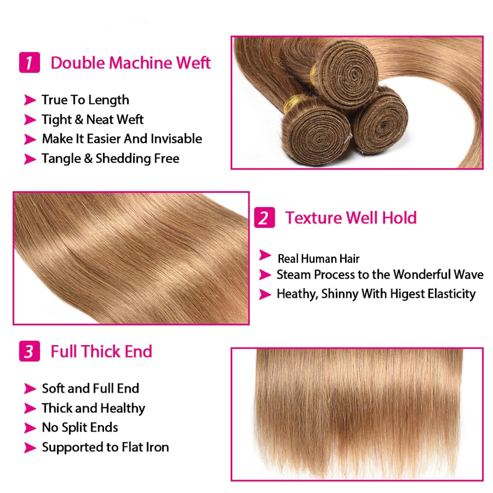 Color #27 Bundle Honey Blonde Straight Human Hair Bundles Color #27 Straight Bundles Honey Blonde Bundle Human Hair Weave 14 14 14 Inch 300G