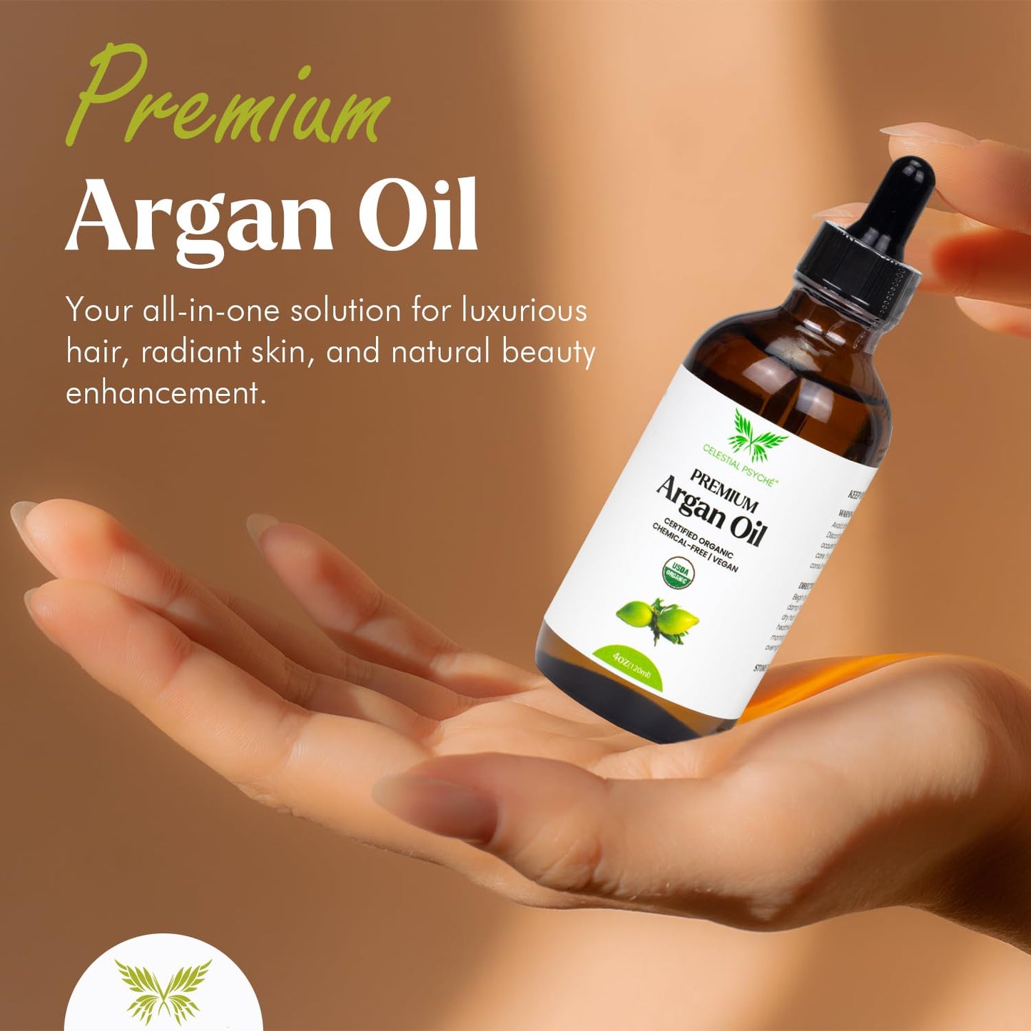 Organic Argan Oil - 100% Pure & Natural | USDA Certified, Vegan, Chemical-Free, 4 Oz for Hair Growth & Skin Hydration