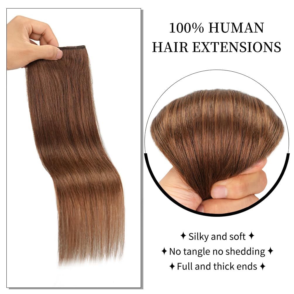 Winsky Hair Extensions Real Human Hair - One Piece Light Brown Remy Hair Extensions Clip on 70gram for Women (14inch, #6)