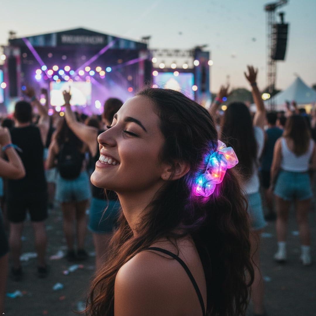 Light Up Scrunchies - 30 Pcs LED Glow in the Dark Hair Ties | Satin Elastic for Parties & Festivals