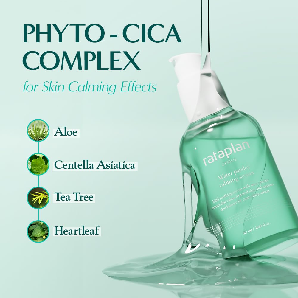 RATAPLAN Water Parsley Calming Serum 2 Pack - Korean Skincare with Hyaluronic Acid, Aloe, Centella Asiatica, Tea Tree, Heartleaf, Reduce Skin Heat, Hypoallergenic, Replenish moisture