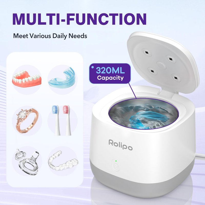 Rolipo Ultrasonic Retainer Cleaner 320ML, 45kHz Denture Cleaner with 4 Lamps, Dental Cleaning Pod for Mouth Guard, Aligner, Braces, Toothbrush Head, Jewelry