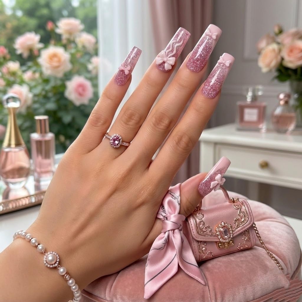 Handmade Square Press on Nails Long,Shimmery Light Pink Purple French Tip,3d Bow design,XS