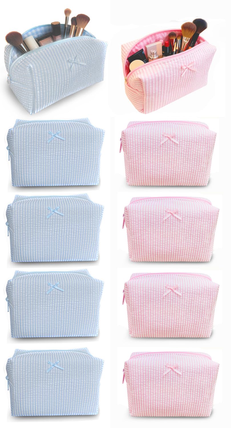 10 Pcs Cotton Quilted Makeup Bags Bulk-Valentines Day Gifts Bow Stripe Cosmetic Pouch Bridesmaid Gifts Makeup Pouch with Zipper Travel Portable Case Preppy Gifts for Women (Pink)
