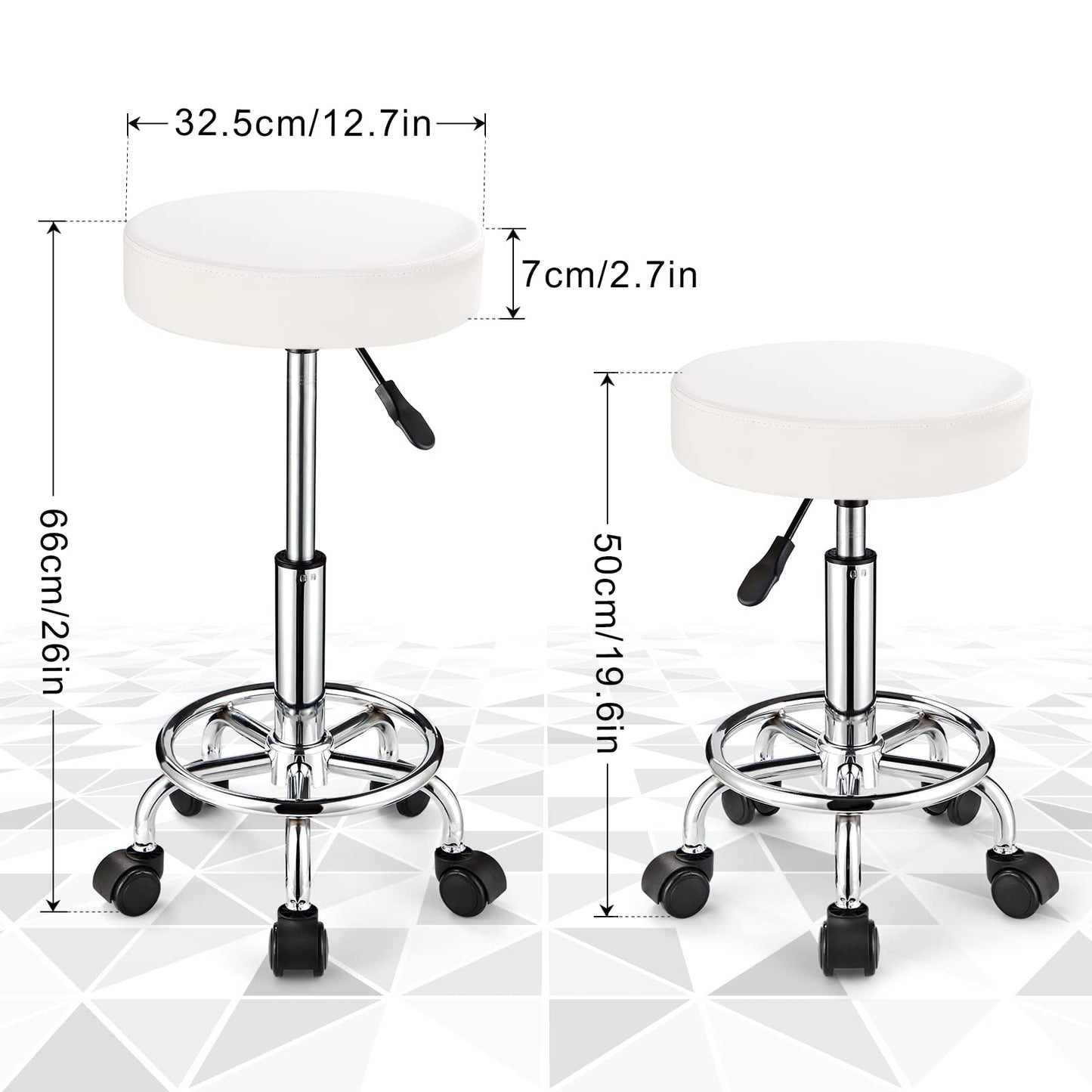 FNZIR Adjustable Stool with Wheels, Modern Round Rolling Stool for Spa Salon Massage Office, White PU Leather Seat, 250 lbs Capacity