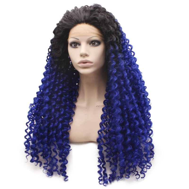 MX angel Long Curly Ombre Blue Wig Frontal Lace Wig Heat Resistant Synthetic Hair Lace Front Wig