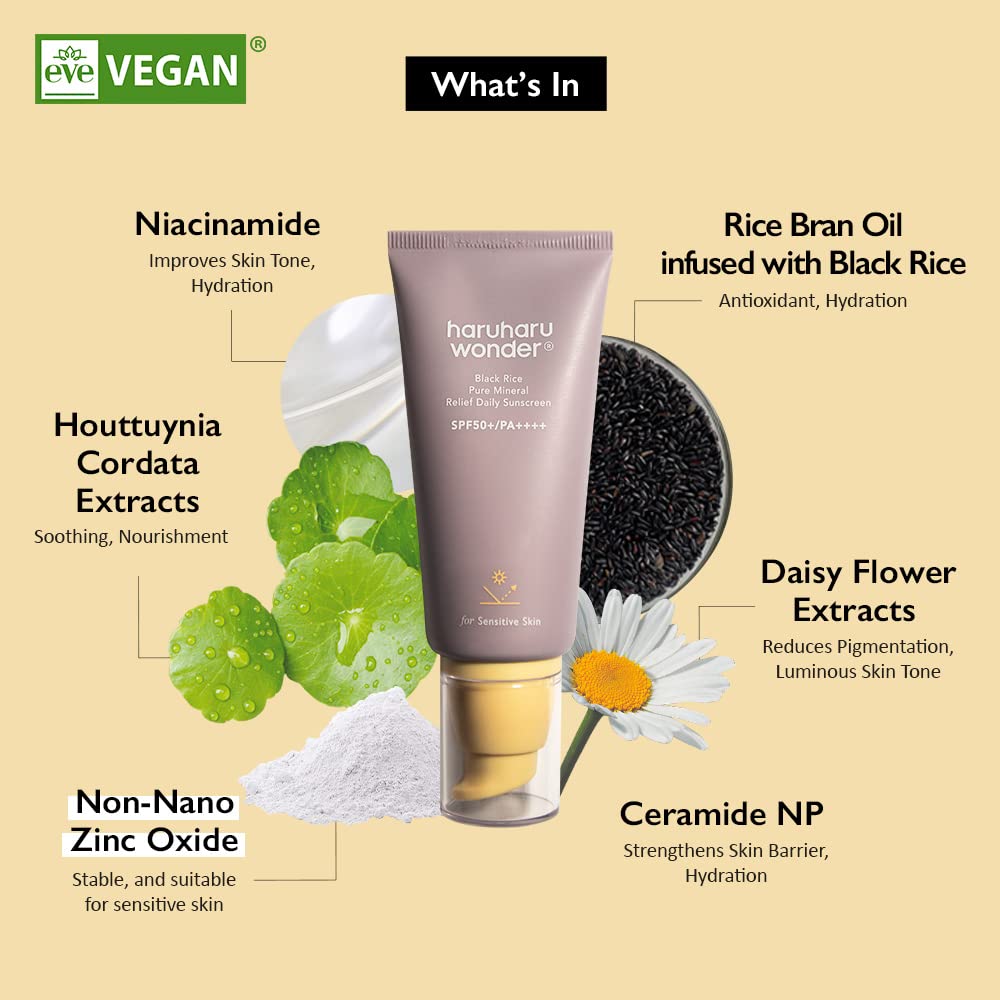 Haruharu Wonder Black Rice Pure Mineral Relief Daily Sunscreen, SPF50+/PA++++, Broad Spectrum UVA/UVB, Octinoxate & Oxybenzone Free, Hyaluronic Acid, Niacinamide, 1.69fl.oz (Pack of 2)