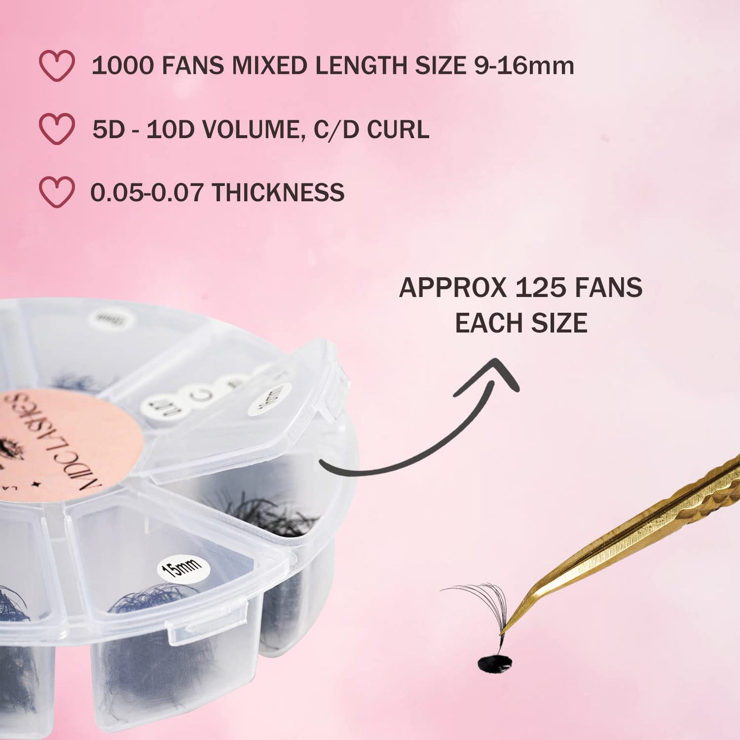 MDC Lashes Promade Eyelash Fans Mix Length 1000 Volume Lash Extensions 8D-16D, C D Curl, 9-16mm Length, 0.05-0.07 Short Stem Promade Premade Pre Pro Loose Fans Eyelash Extension, Easy Application