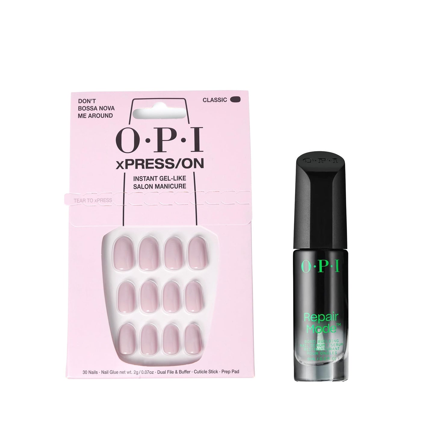 Bundle of OPI xPress/On Press On Nails, With Nail Glue, Short Neutral Nails, Don't Bossa Nova Me Around + OPI Repair Mode Bond Building Nail Serum, Clear, 0.3 fl oz