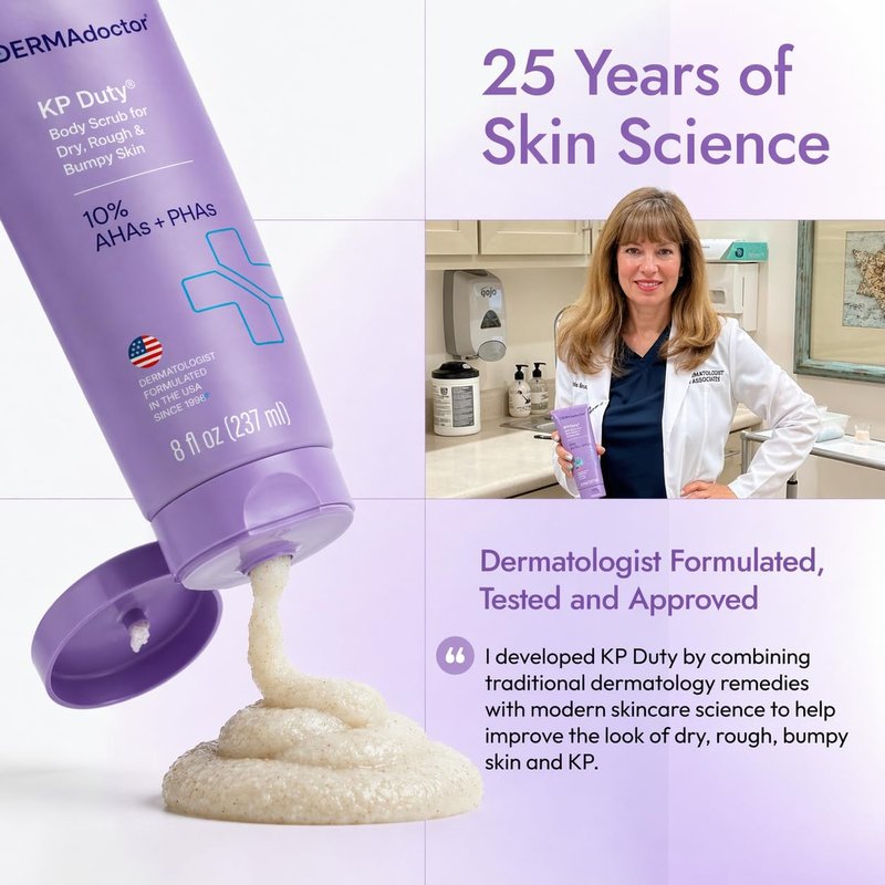 DERMAdoctor KP Bump Eraser Body Scrub with 10% AHAs + PHAs for Keratosis Pilaris, Dry, Rough, and Bumpy Skin, Dermatologist Formulated Exfoliating Body Scrub with Glycolic and Lactic acids - 8 Fl oz