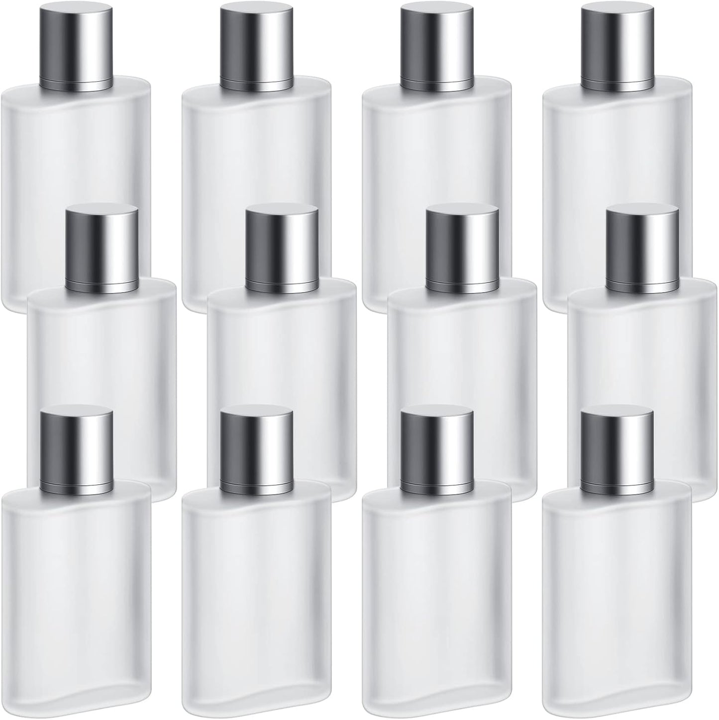 Frosted Glass Perfume Atomizer - 12 Pcs Refillable Spray Bottles | 50/100ml Fine Mist Dispenser for Travel, Silver Gray