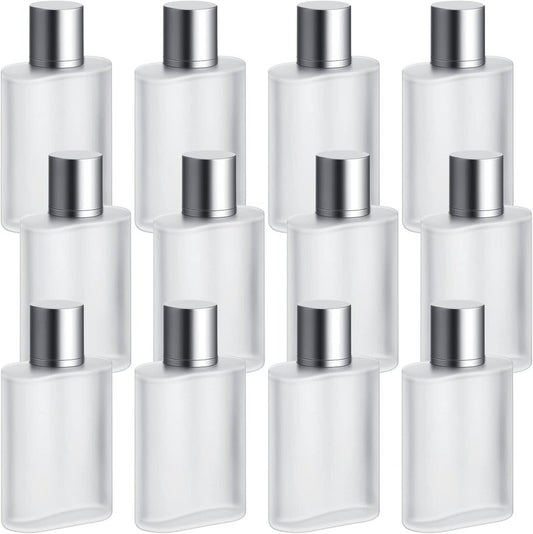 Frosted Glass Perfume Atomizer - 12 Pcs Refillable Spray Bottles | 50/100ml Fine Mist Dispenser for Travel, Silver Gray