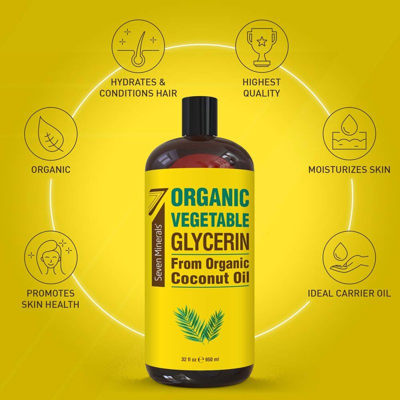 Seven Minerals, Organic Vegetable Glycerin - Big 32 fl oz Bottle - No Palm Oil, Made with Organic Coconut Oil - Therapeutical Grade Glycerine for DIYs - Hair, Nails & Skin Moisturizer - Non-Gmo