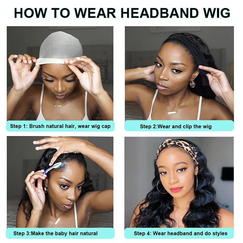 Justres Headband Wigs for Black Women Human Hair 16 Inch Glueless Body Wave Headband Wig Human Hair 100% Brazilian Virgin Hair Machine Made Head band Wig 180% Density