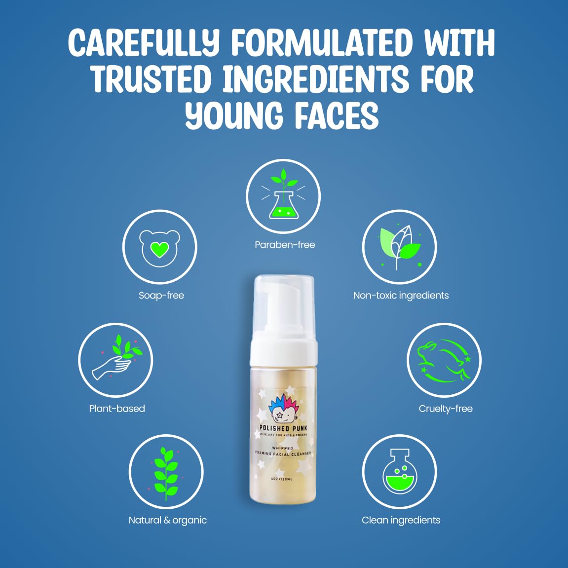 Polished Punk Natural and Organic Foaming Face Wash for Kids and Tweens, Soap and Fragrance Free Tear-Free Cleanser for Sensitive Skin with Botanical Extracts, Aloe, and Glycerin, 4 oz