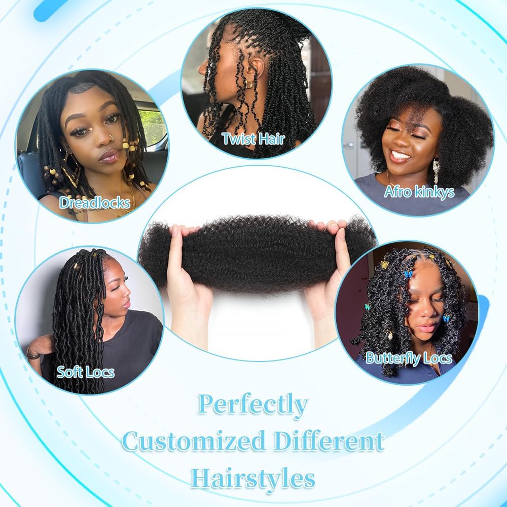 Afro Kinkys Bulk Human Hair 16 Inch 4 Bundles Afro Kinky-curly Human Braiding Hair Bulk for Spring Hair Twist Dreadlock Extensions Locs Braids Repair 70g Natural Color#