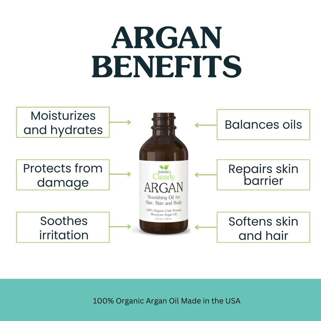 Clearly ARGAN Oil for Hair - 100% Pure Organic Cold Pressed Moroccan Oil | Virgin & Unrefined in Glass Bottle - 4 oz