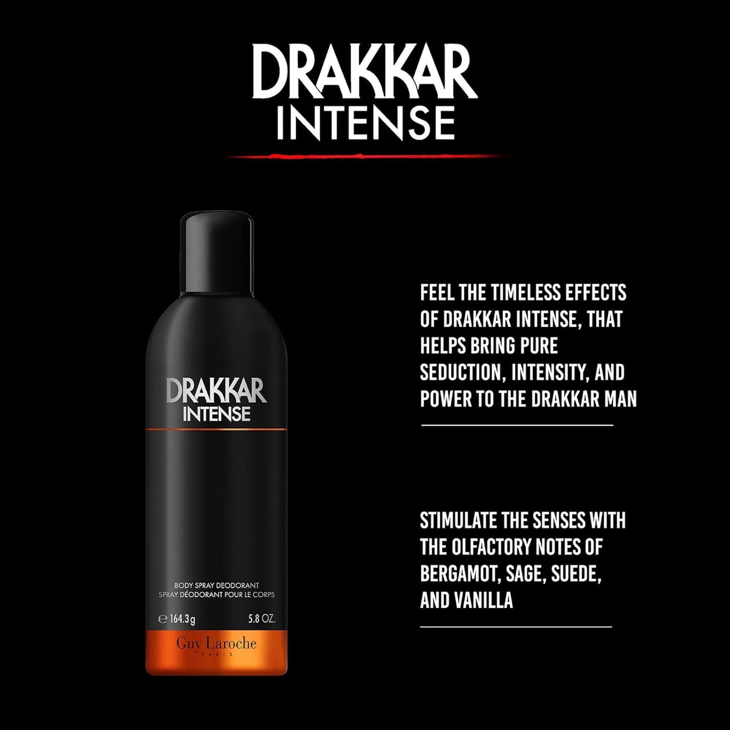 Guy Laroche Drakkar Intense, Seductive & irresistible Body Spray, Ambery fougere fragrance, Long Lasting Mens Cologne, Body Spray for Men 5.8 Fl.Oz