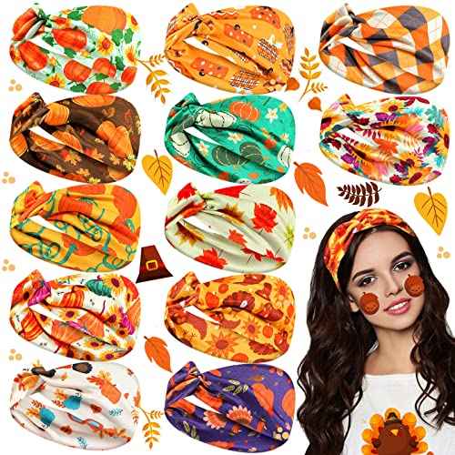 Waydress 12 Pcs Fall Headband Thanksgiving Head Bands for Women, Turkey Leaves Pumpkin Hair Accessories, Stretchy Non Slip Autumn Holiday Festive Gift Costume Decoration