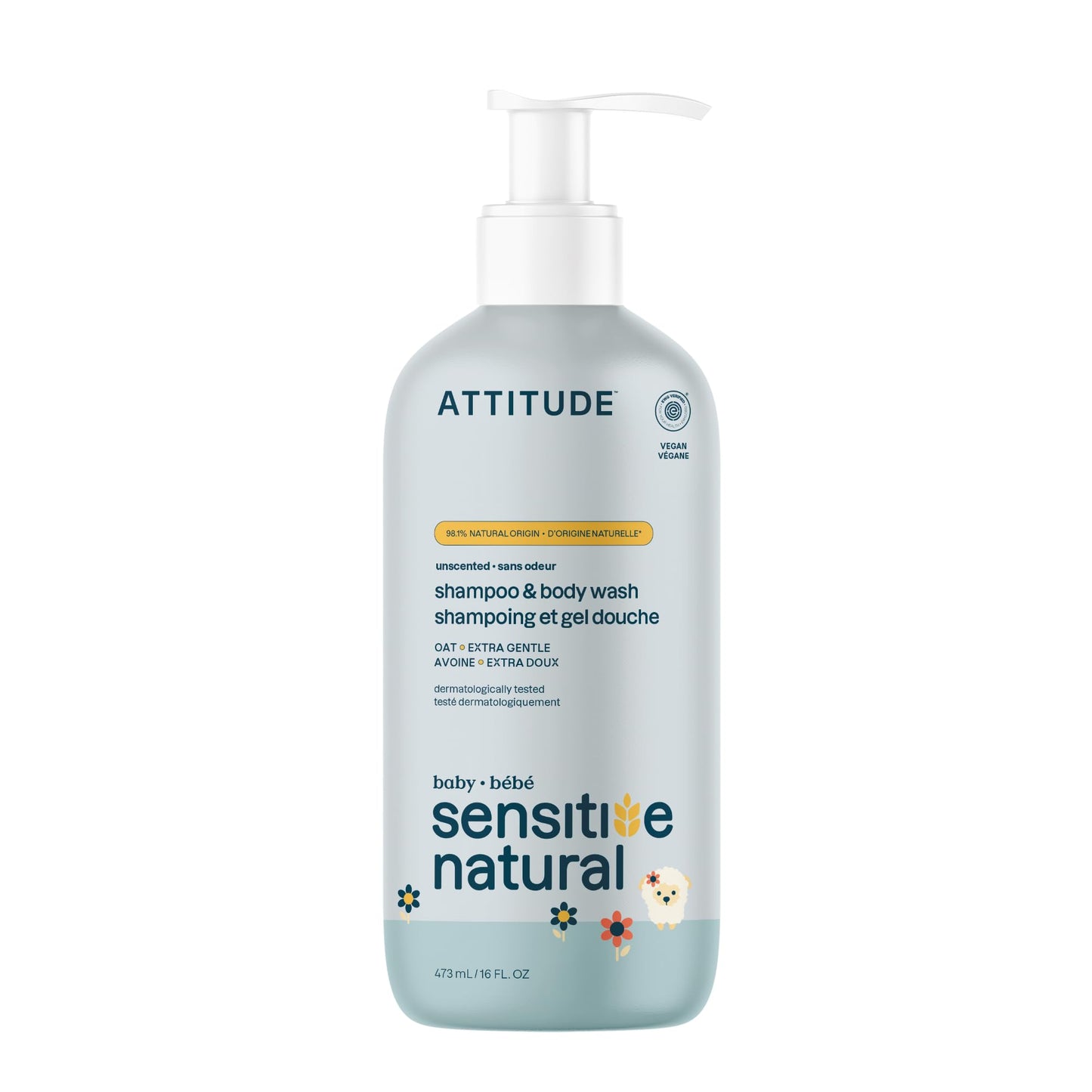 ATTITUDE Baby 2-in-1 Shampoo and Body Wash, EWG Verified, Plant- and Mineral-Based Ingredients, Vegan and Cruelty-Free Products for Sensitive Skin, Unscented, 16 Fl Oz