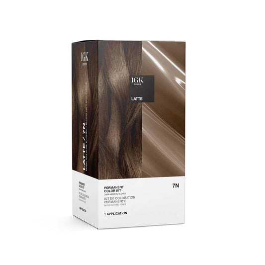 IGK Permanent Hair Color Kit | 7 N Latte - Dark Natural Blonde | 100% Gray Color Coverage + Strengthen + Shine | Ammonia Free