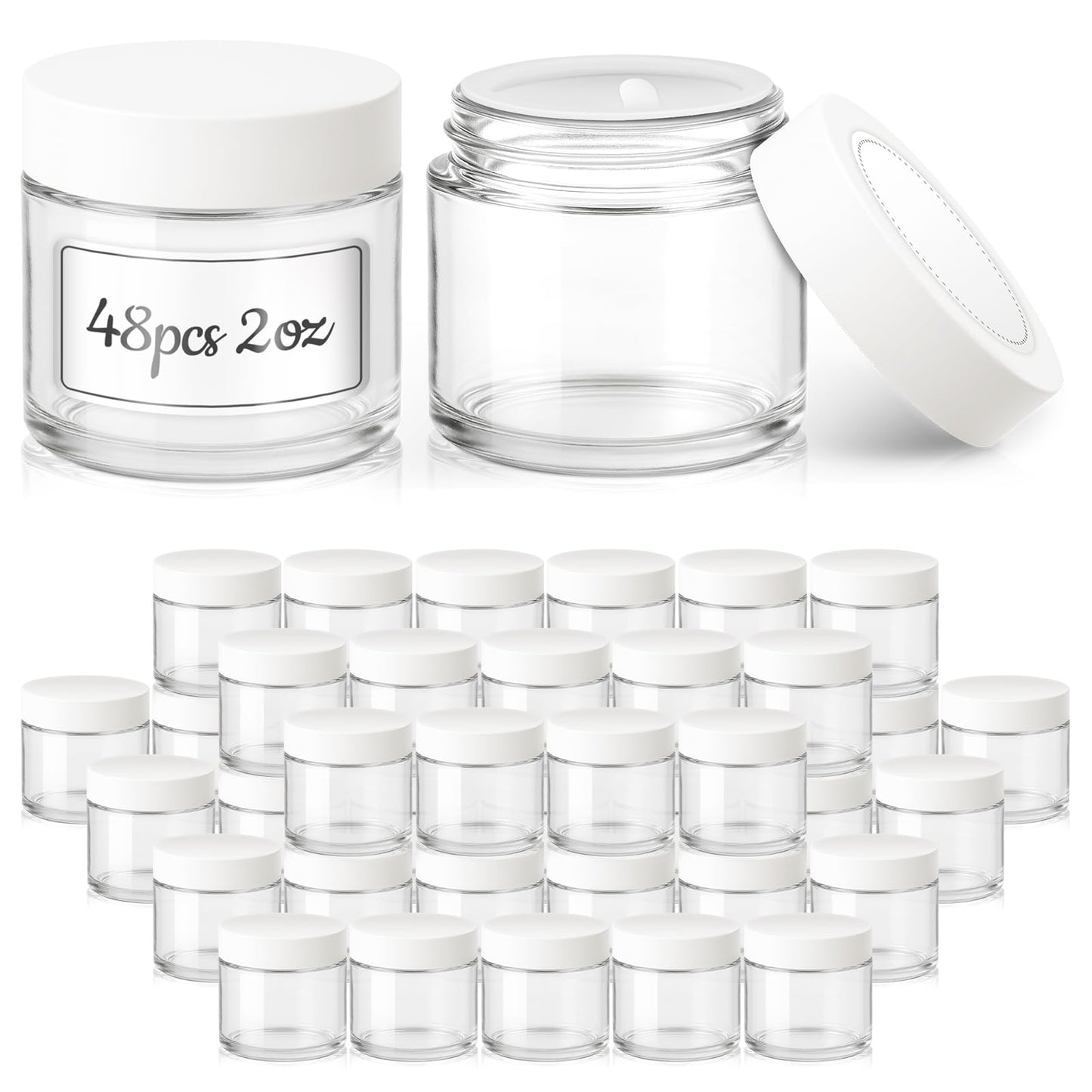 Bumobum 2 oz Glass Jars with Lids, 48 pack Clear Round Small Containers with White Lids, Blank Labels & Inner Liners, Empty Cosmetic Containers for Sample, Powder, Cream, Lotion