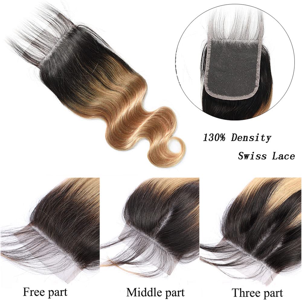 Ombre Lace Closure 4X4 Transparent Lace 14 Inch Free Part With Baby Hair Body Wave Closure For Women Pre Plucked Natural Hairline Peruvian Virgin Hair Real Human Hair Next Day Delivery 1B/27 Closure