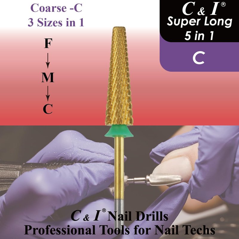 C & I Nail Drill Bit Upgrade 5 in 1 Super Long E-File for Manicure Drill Machine, Special Remove Extension Nails, Fake Acrylic Nails, Nail Gels, Cross Cut Efile for Nail Techs (Coarse -C)