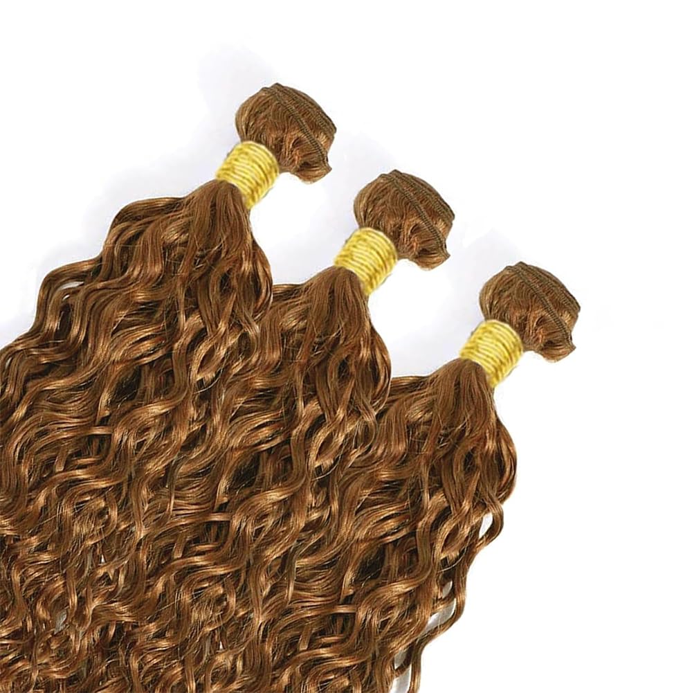 Color #30 Light Brown Human Hair Bundles Water Wave 16 18 20 Inch Curly Bundles Human Hair Unprocessed Native Virgin Hair 100/PC 3 Extensions Deep Wet and Wavy Human Hair Extensions for Women