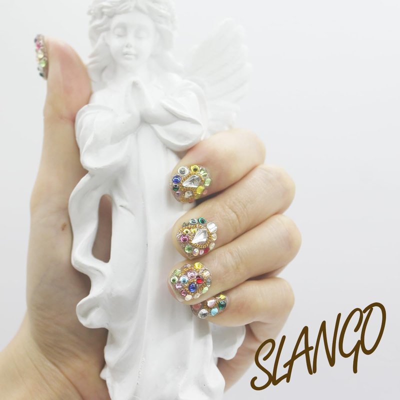 SLANGO Full-Shining Press On Nails, Hand Made Short Round False Nails with Rhinestones, Reusable, Durable, Thick Acrylic Nails for Women S (Ship from US)
