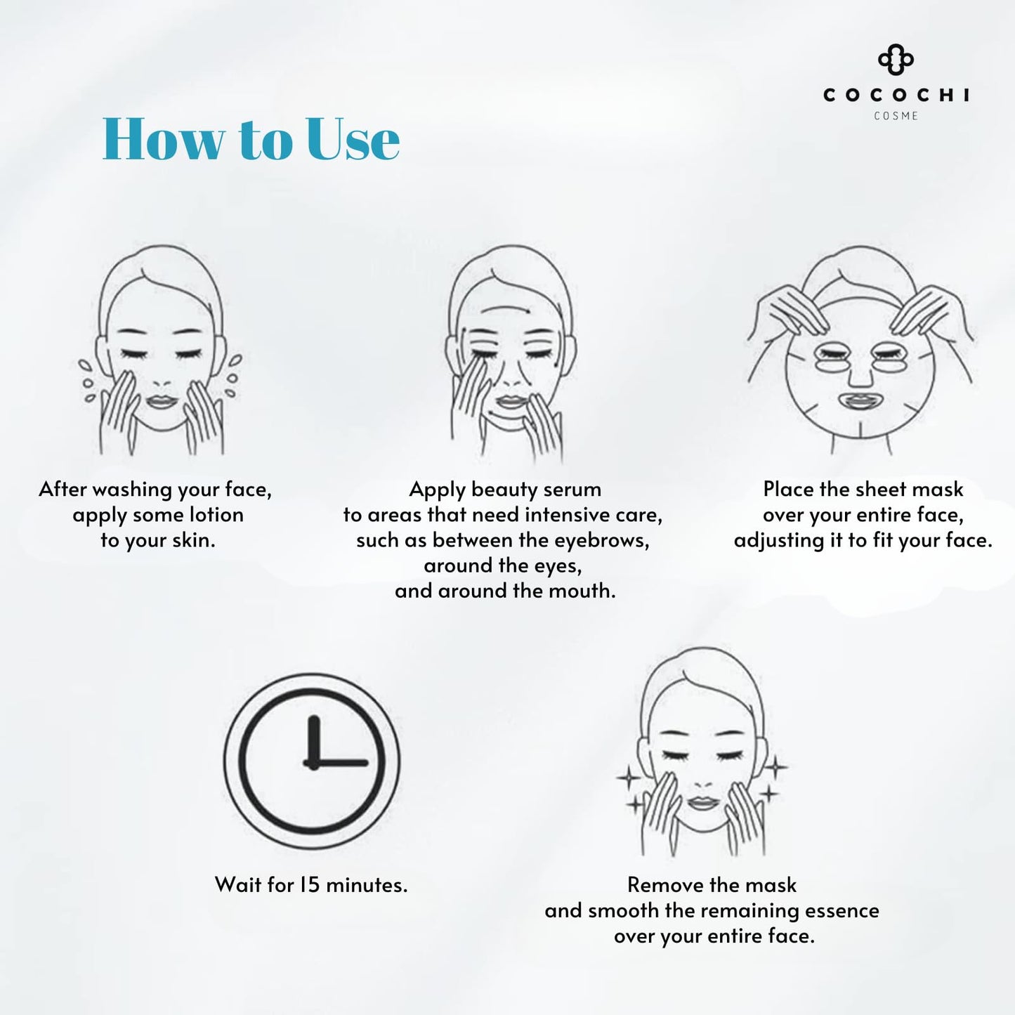 COCOCHI 5 Sheet 2-STEP Facial Mask Sheet for Dry, Sensitive Skin for Women with Vitamin C Serum, Face Sheet Mask by Collagen, Ceramide & Peptide, Hydrating Face Mask from Japan, AG Ultimate OCEAN