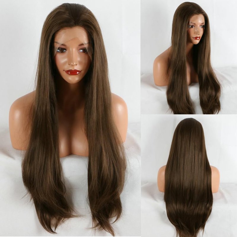Brown Lace Front Wig for Women - High Density Silky Straight 24" Dark Brown Glueless Heat Resistant Synthetic Wig