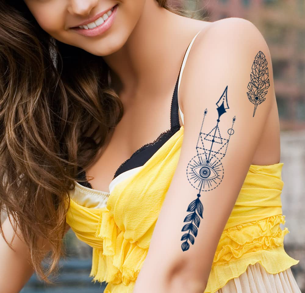 Arrow Semi-Permanent Tattoo Stickers | 6 Sheets of Long-Lasting Feather & Letter Designs | Waterproof & Plant-Based Ink