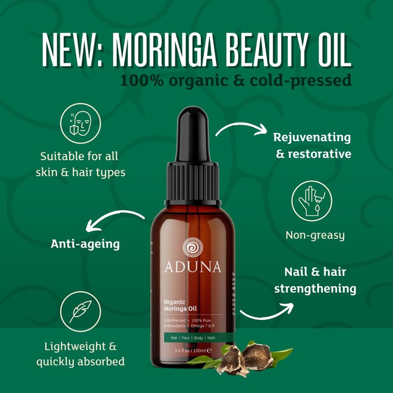 Aduna Organic Moringa Oil - 100% Natural Cold-Pressed Moisturizer for Skin, Hair & Nails | Lightweight & Fast-Absorbing | 100ml
