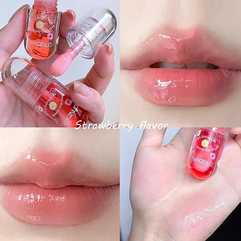 Pakivs 4Pcs Fruit Flavored Lip Gloss Oil Set,Big Brush Head Lip Oil,Cute Lip Hydrating Nourishing Lip Gloss, Jelly Glossy Finish Lip Glow Oil,Party Gift for Women,