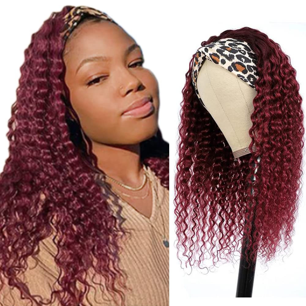 Ombre 1B99J Deep Wave Headband Wig Burgundy Human Hair Wig Dark Root 130% Density Brazilian Virgin Hair Machine Made Wigs for Women Wine Red Color 14 Inch