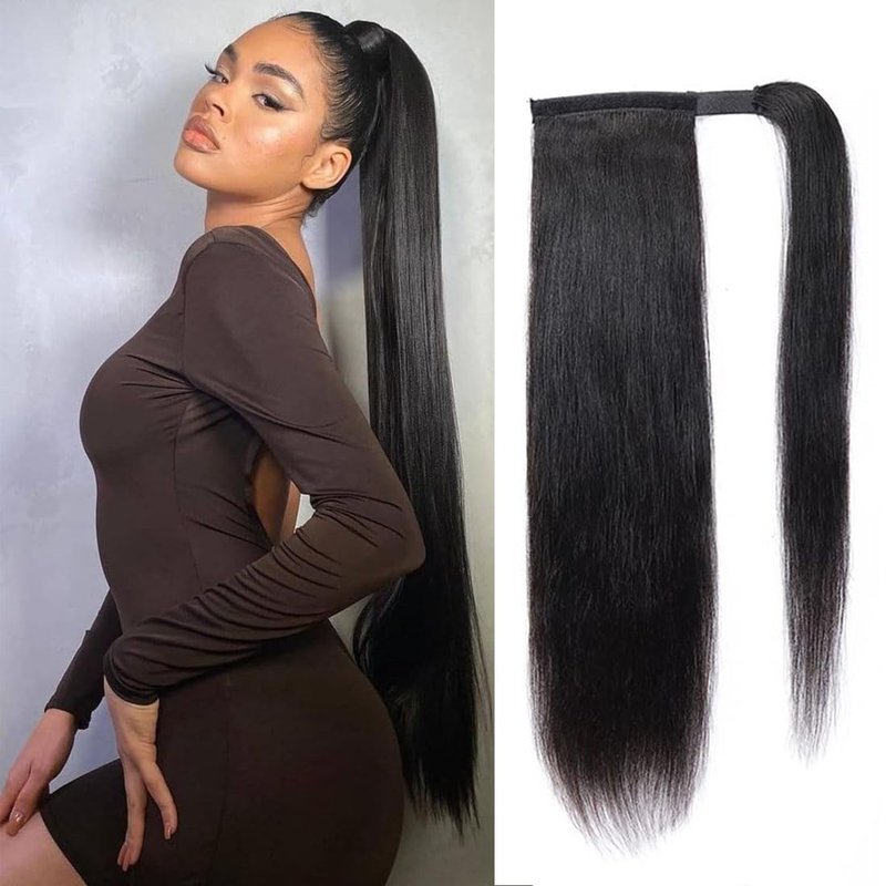 Straight Ponytail Human Hair Extensions Brazilian Wrap Around Ponytail for Black Women Unprocessed Remy Human Hair Pony Tail Clip In Extension Hairpiece 110g (Straight Hair, 18inch)