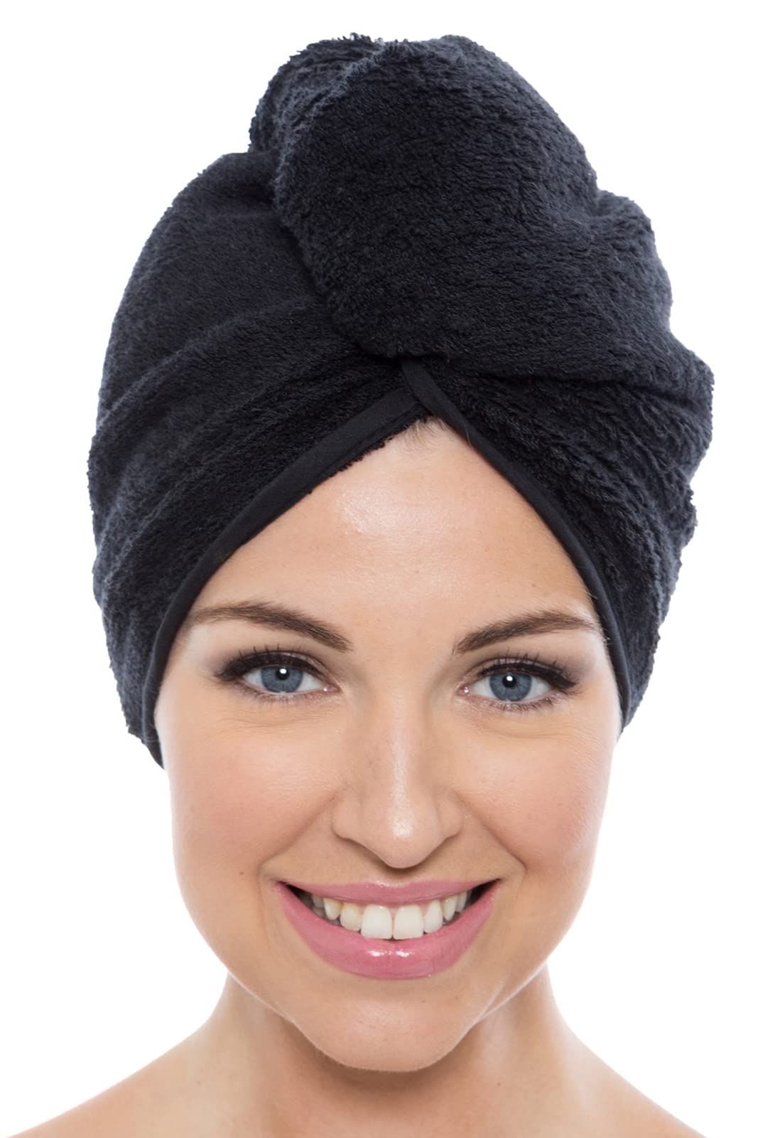 TexereSilk Women's Rayon and Cotton Terry Hair Towel - Lightweight, Absorbent Quick Drying Hair Wrap - Twist Towel with Elastic Loop Holder (Tya, Black, U)