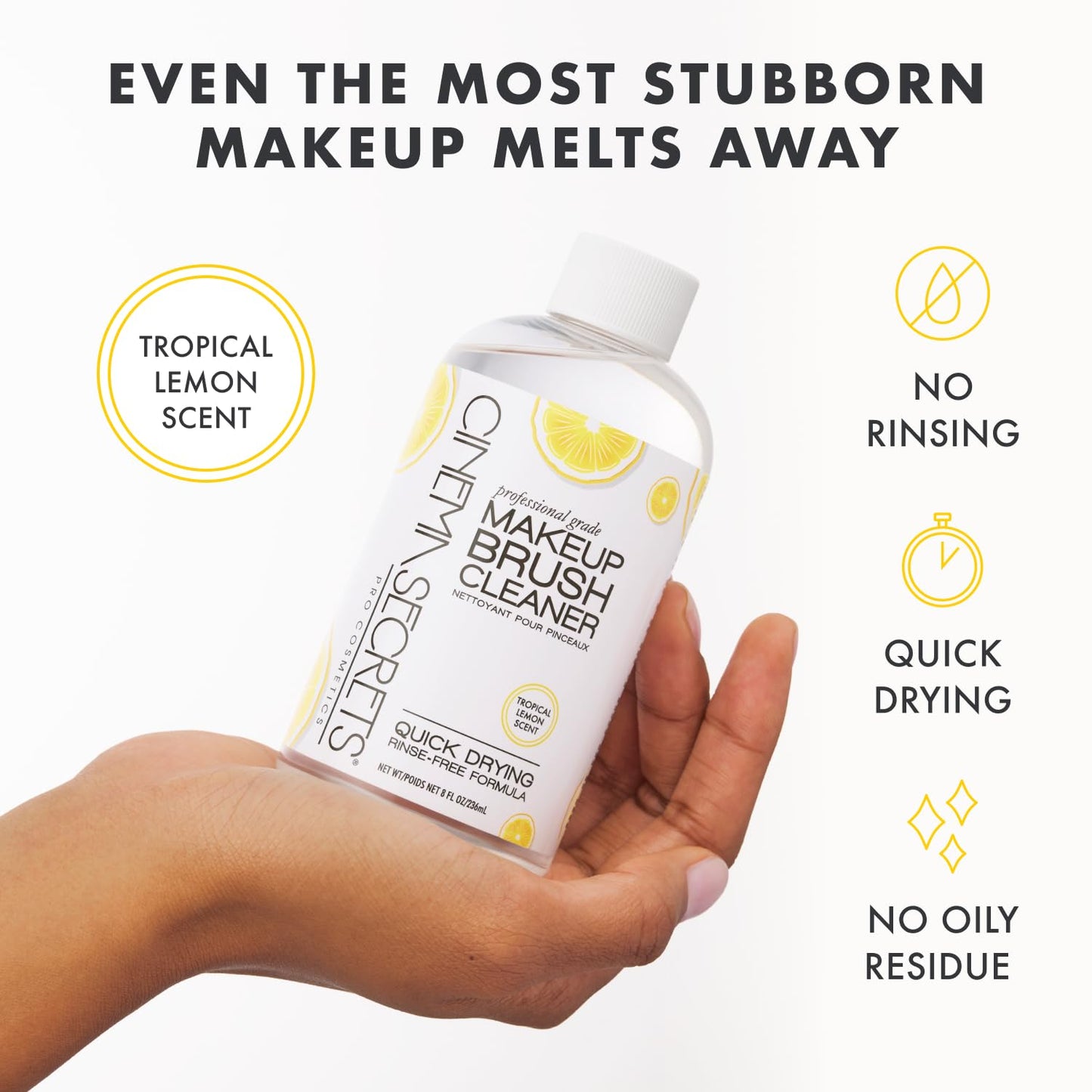 Cinema Secrets Original Makeup Brush Cleaner Solution - Professional Cleanser for Makeup Brushes - Quick-Drying, Rinse-Free Formula - Removes Stubborn Waterproof Make Up - Lemon (16 fl oz)
