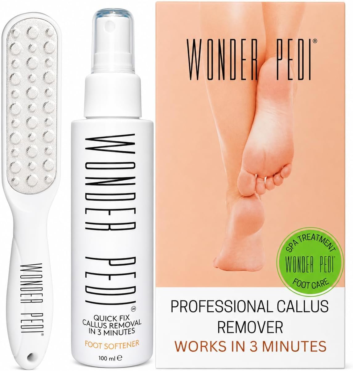 Callus Remover - Three Minutes Quick Fix- Foot File Rasp - Instant Foot Exfoliating Softener Peel Spray, Heels Callus Scrubber File - Home Spa Pedicure Treatment. Wonder Pedi
