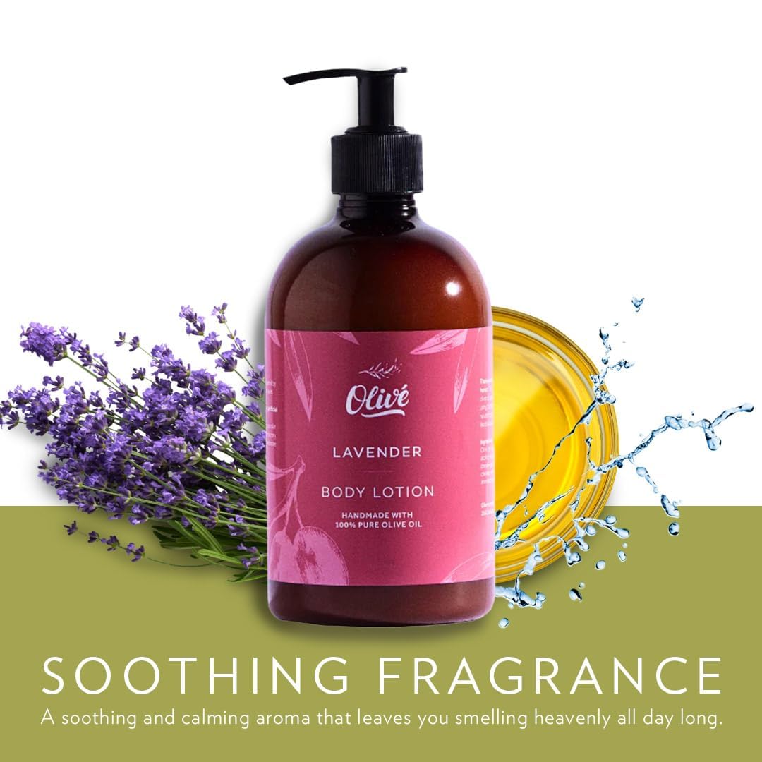 Olivé 100% Pure Olive Oil Body Lotion with Lavender Scent – Made with Natural Ingredients | Gentle Hydration & Nourishing Care for Soft, Smooth, Healthy-Looking Skin | 500ml Pump Bottle