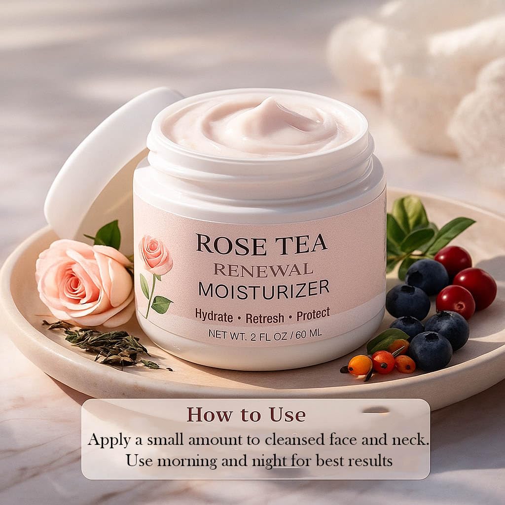 Hope Ridge Naturals Rose Tea Renewal Moisturizer, Antioxidant Daily Face Cream with Green Tea, Rosehip Oil, Vitamin C, CoQ10, Peptides, 2 oz / 60 ml