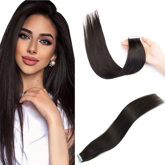 VADES Tape In Hair Extensions - Remy Human Hair, Natural Black, 20 Inch, Invisible Seamless Skin Weft, 50 Grams, 20 Pieces