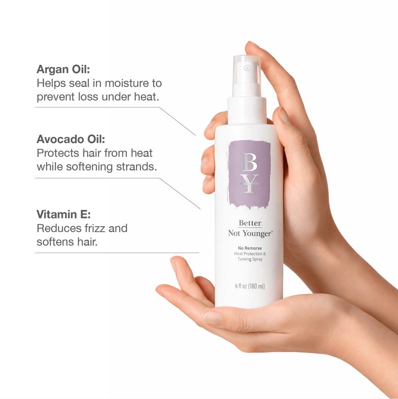 Better Not Younger Heat Protection & Taming Spray for Women Over 40-6oz – No Remorse Hair Mist with Vitamin E, Avocado & Argan Oils – Heat Protectant Spray that Protects, Smooths & Controls Frizz.