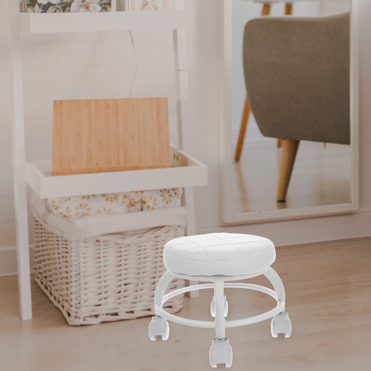 Healeved Rolling Beauty Stool with Swivel Wheels Pu Cushioned Seat Small Round Manicure Stool for Pedicure Spa Massage Salon Chair 10.24X13.39X10.24 Inches