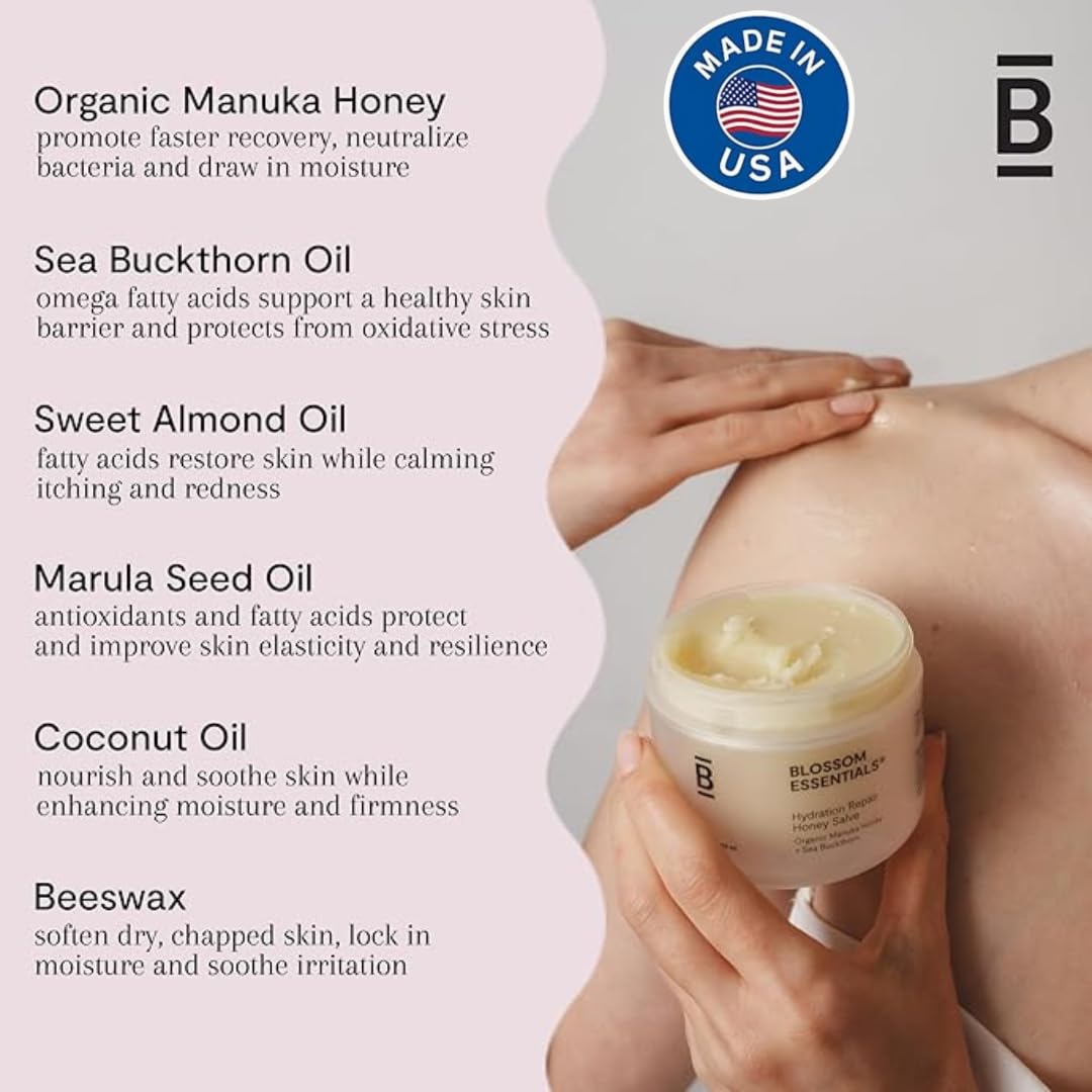 Blossom Essentials Honey Salve - Organic Manuka Honey Hydration Repair - Eczema Relief for Dry, Itchy, Sensitive Skin - Soothing Moisturizer & Balm for Kids, Adults - USA - 4oz