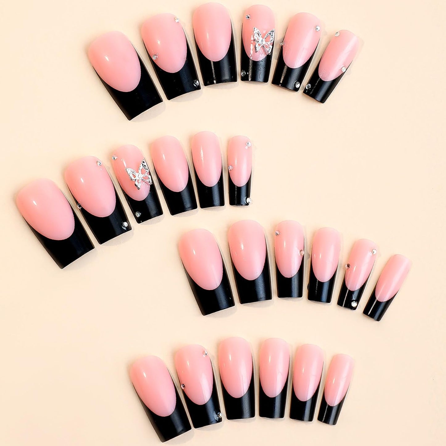 MABKJLF White French Tip Fake Nails - Square, Glossy Acrylic Nails with Butterfly Rhinestones Designs - 24 Pcs